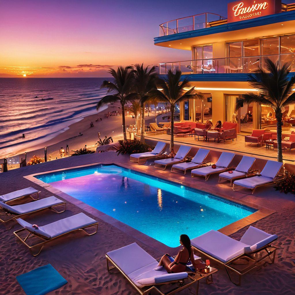A glamorous scene depicting a luxe beachside pool with stylish sun loungers, vibrant beachwear fashion models lounging with cocktails. In the background, a high-end casino with neon lights and gaming tables just visible. Combine elements of leisure and excitement, showcasing a fusion of beach and casino vibes. super-realistic. vibrant colors. sunset ambiance.
